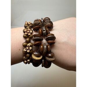 Brown Natural Wood Bead Stretch Bracelet Set Floral & Disc Boho 2pc